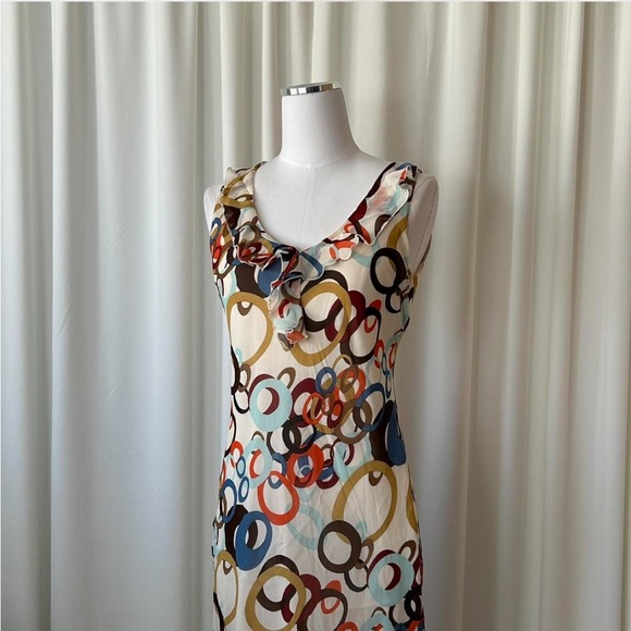 Vintage Y2K Lapis 100% Silk Geometric Print Dress Ruffle Neckline Retro Medium. - Picture 3 of 7